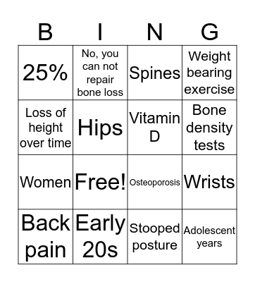 Osteoporosis  Bingo Card