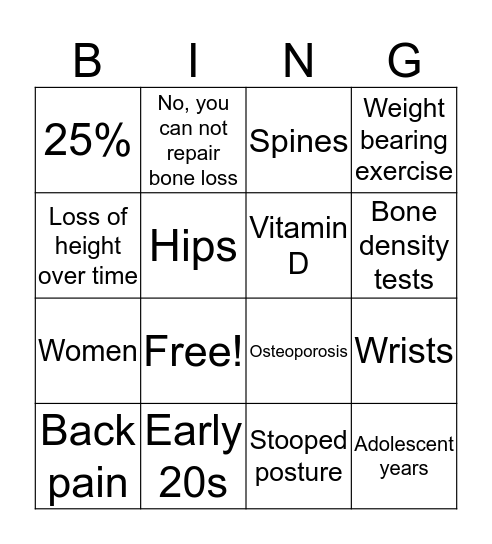 Osteoporosis  Bingo Card