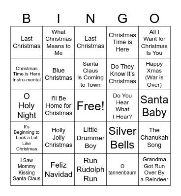 Holiday Song Bingo Card