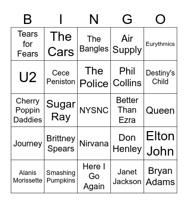NAME THAT ARTIST 80's and 90's EDITION Bingo Card