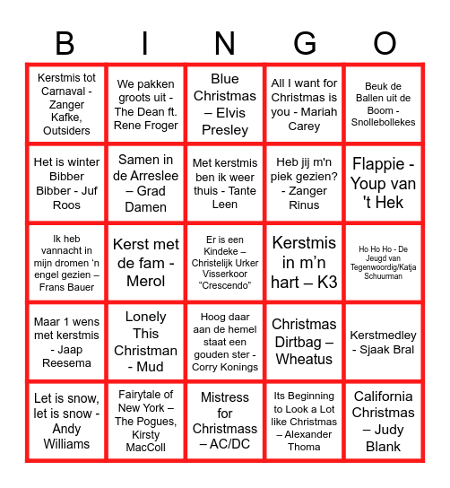 Markenhage Kerstliedjesbingo Card