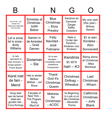 Markenhage Kerstliedjesbingo Card