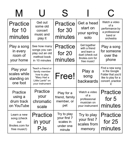 Winter Break Music Bingo Card