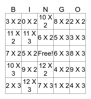 Multiplication Bingo Card