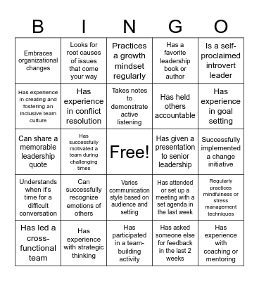 Leadership Bingo Card