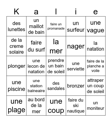 French class onjects Bingo Card