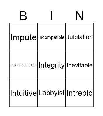 word of the day Bingo Card