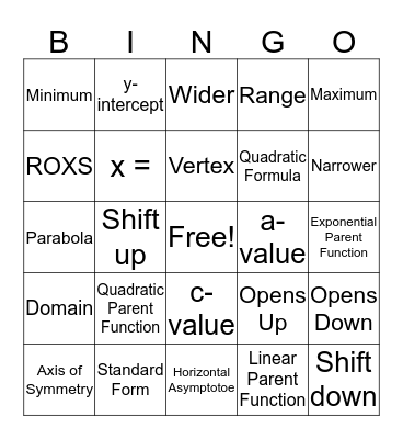 Quadratic and Exponential Vocabulary Bingo Card