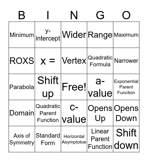 Quadratic and Exponential Vocabulary Bingo Card