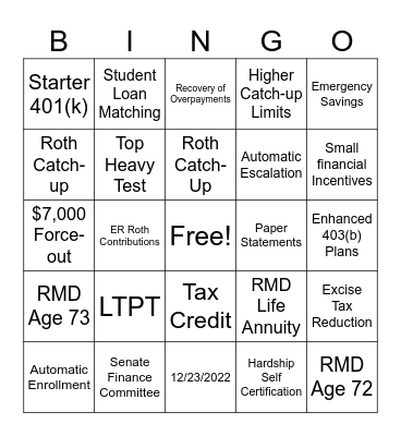 Secure Act 2.0 Bingo Card