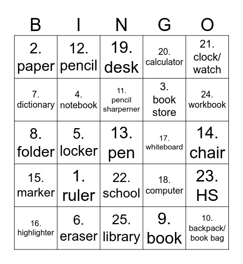 Our School Bingo Card