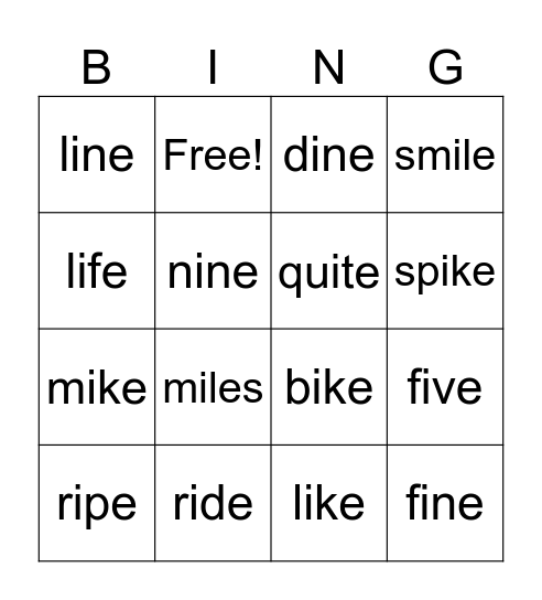 silent e bingo Card