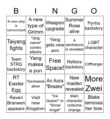 RWBY Volume 4 Bingo Card
