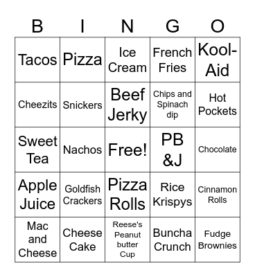 Bong-go Food and Snacks Bingo Card