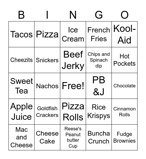 Bong-go Food and Snacks Bingo Card