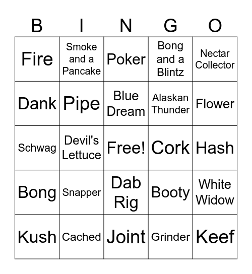 Bong-go Weed Slang/ Names Bingo Card