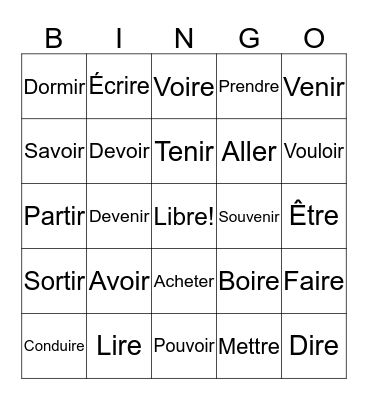 French Irregular Verbs Bingo Card