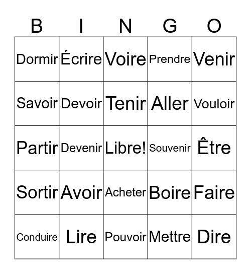 French Irregular Verbs Bingo Card