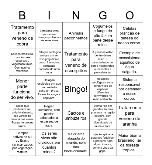 Bingo de Ciências Bingo Card