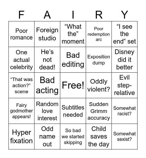 Bad Fairy Tale Bingo Card