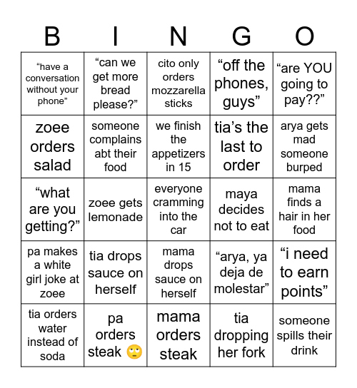 Going Out Bingo Card