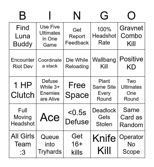 SPIKE RUSH VALORANT BINGO Card