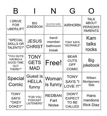 Kill Tony Bingo 2023 Bingo Card