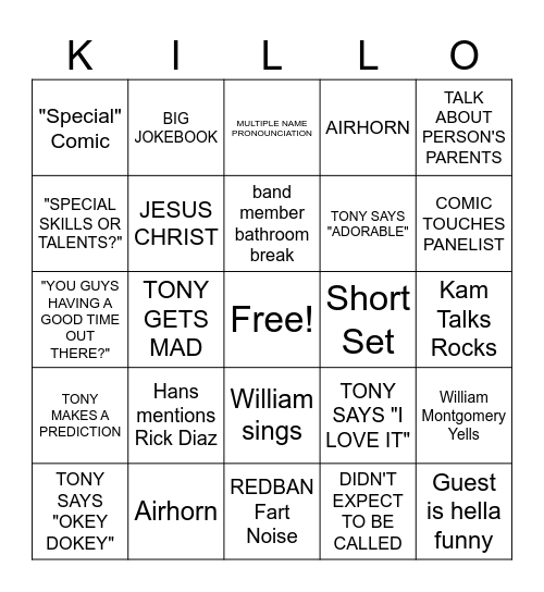 Kill Tony Bingo 2023 Bingo Card