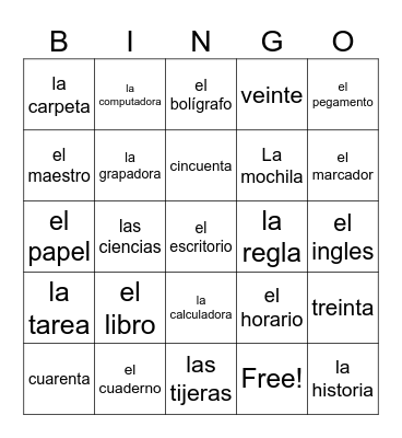Escuela Bingo Card