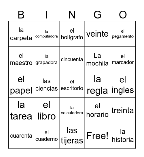 Escuela Bingo Card