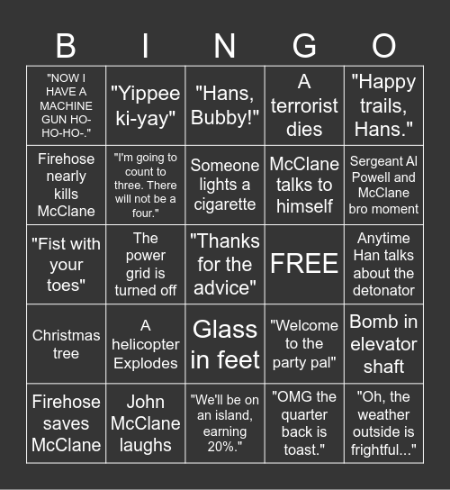 Die Hard Bingo Card