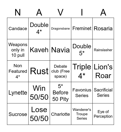 Navia Wish Bingo Card