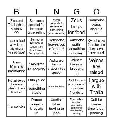 Family Dinner Bingo Card