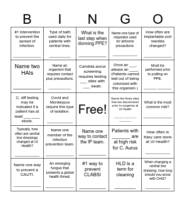 Infection Prevention Bingo Card