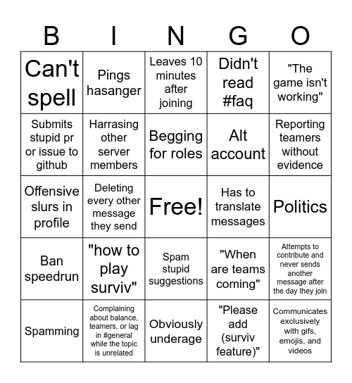 Suroi server new member bingo Card