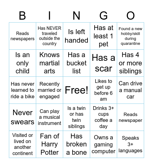 Virtual Icebreaker Bingo Card