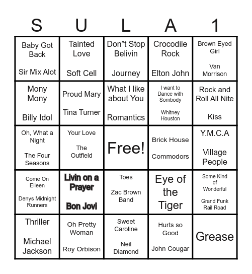 Music Sula 1 Bingo Card