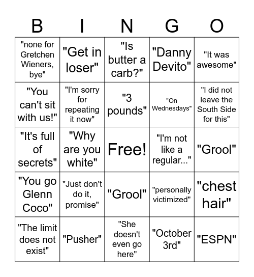 Mean Girls Bingo Card