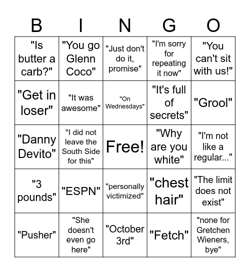 Mean Girls Bingo Card