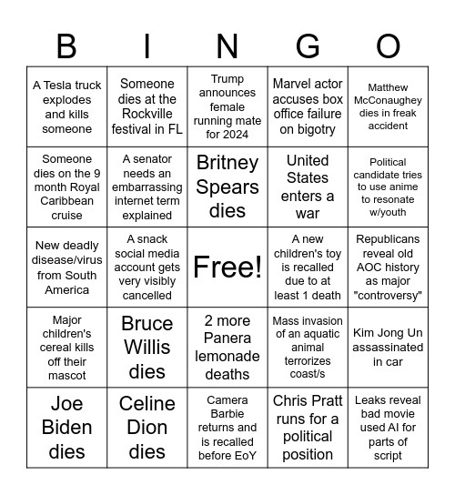 2024 Bingo List Bingo Card