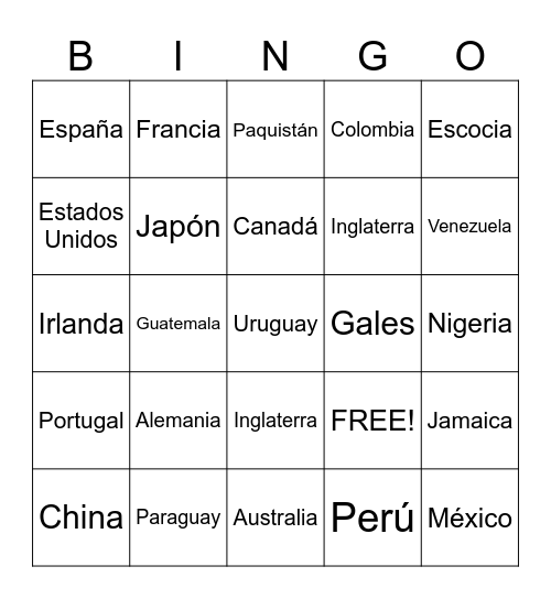 Countries Bingo Card