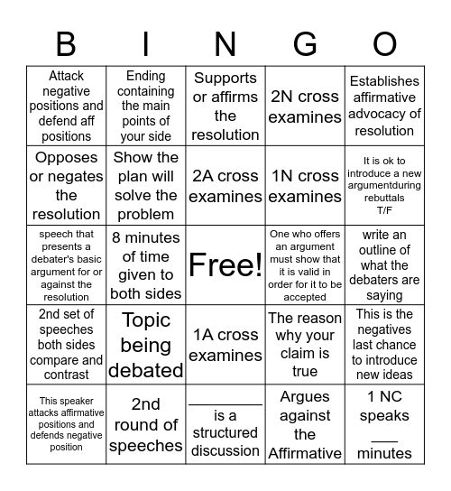 Cross Examination Bingo Card