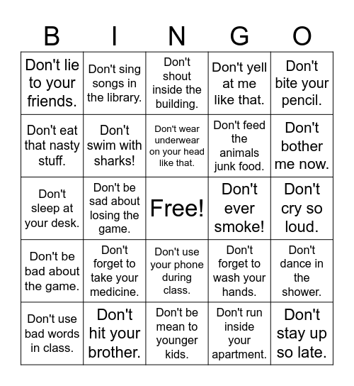 Don't Sentences Bingo Card