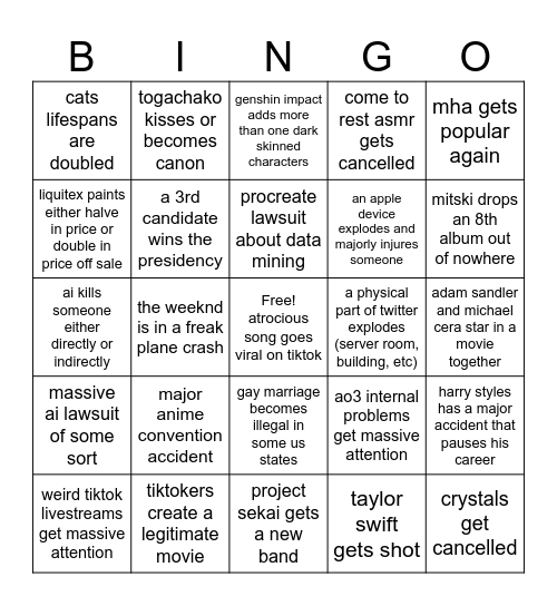 lex's weirdly specific 2024 bingo Card