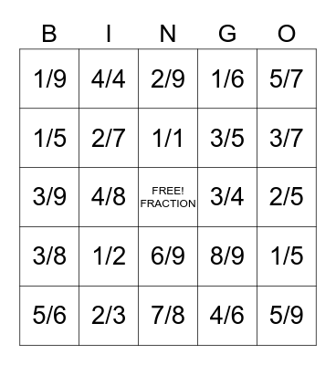 Fraction Bingo Card