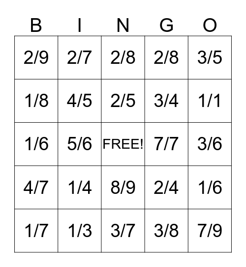 Fraction Fun Bingo Card