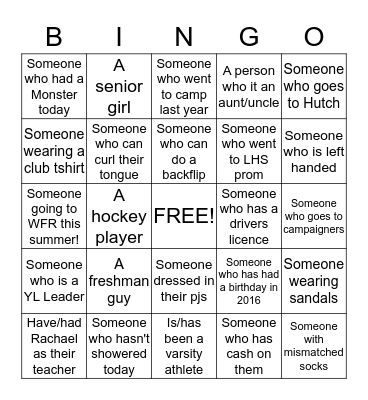 Young Life BINGO Card