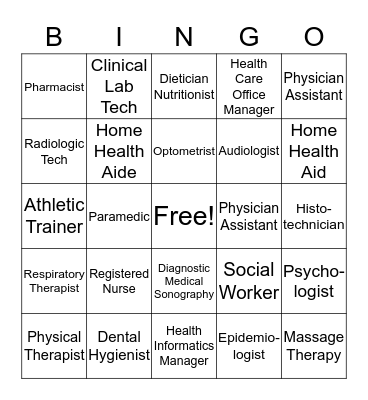 Northeast AHEC Health Careers Bingo  Bingo Card