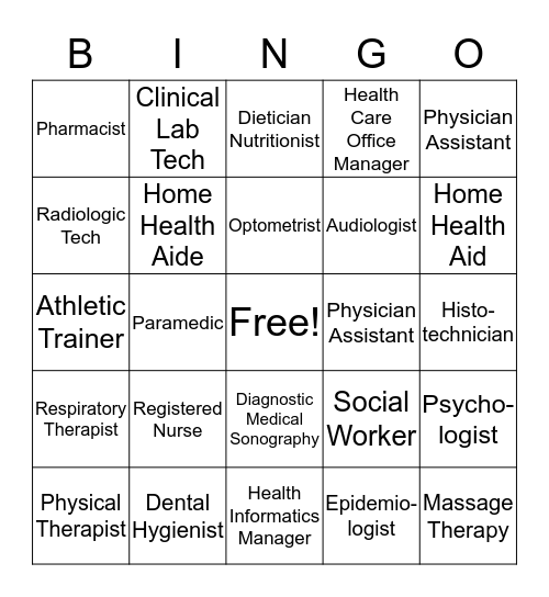 Northeast AHEC Health Careers Bingo  Bingo Card