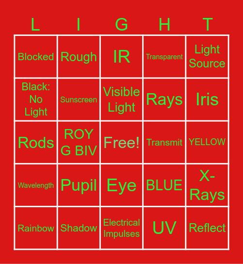 IQWST Unit 1: Can I Beleive My Eyes Light Review Bingo Card